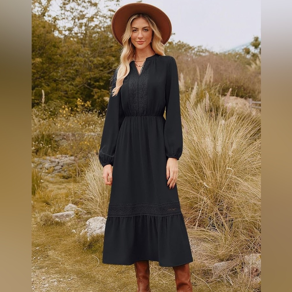GRACE KARIN Black Dress Lace V Neck Long Sleeve Tiered Flowy Maxi Dress NWT XL